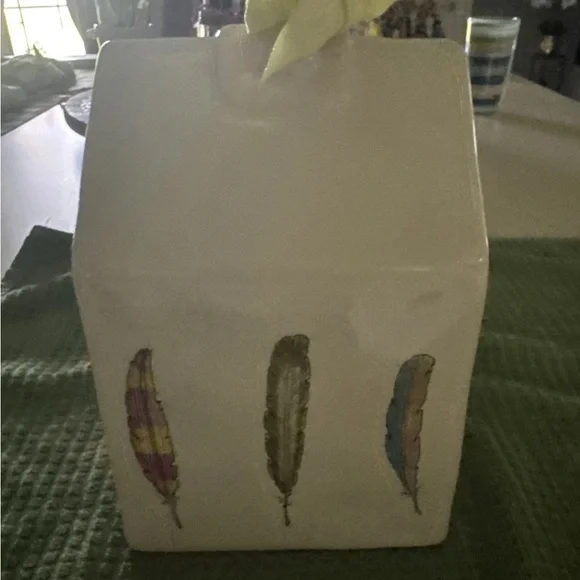 Rea Dunn Ceramic Birdhouse with Feather Design and Yellow Ribbon - Picture 2 of 9